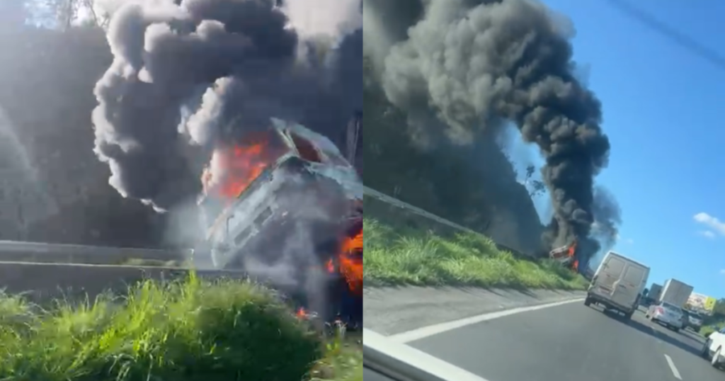 Caminhão Carregado de Madeira Incendeia na BR-040 em Minas Gerais