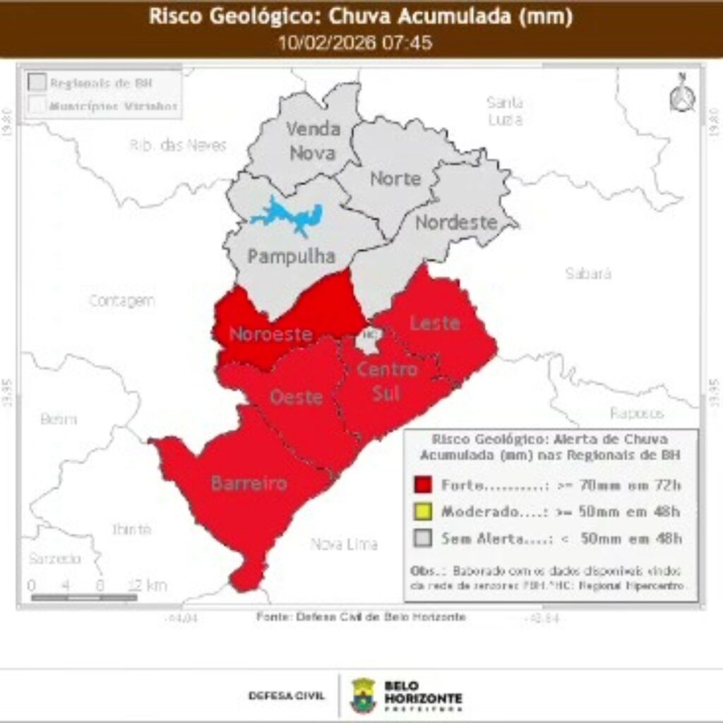Defesa Civil de BH emite alerta de risco geológico forte em 5 regiões da cidade