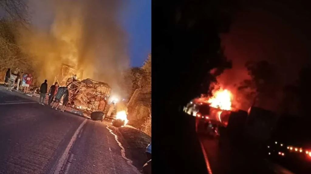 Colisão entre carreta e ônibus causa incêndio na BR-251 em Minas Gerais